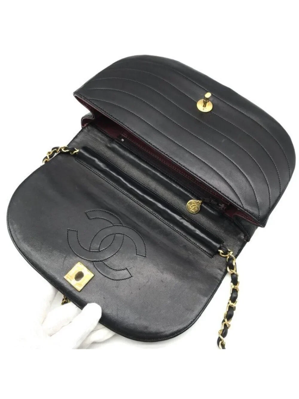 Chanel CC Logo Leather Half Moon Turnlock Chain Shoulder Bag Black